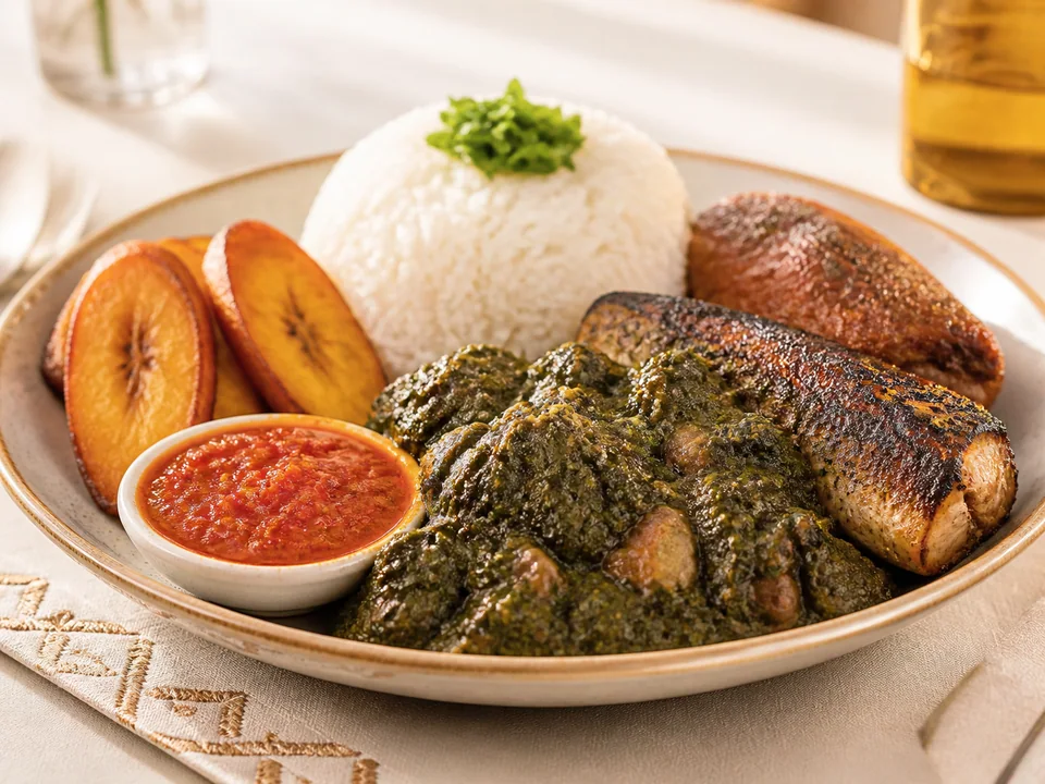 Plat camerounais premium servi avec plantains et sauce maison