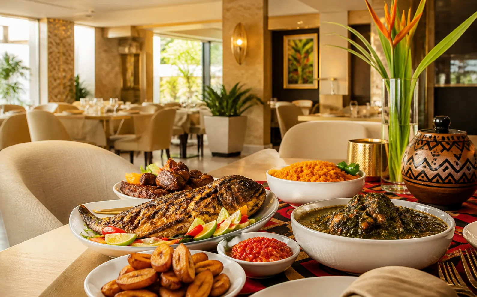 Table premium de plats camerounais dans un restaurant chaleureux à Yaoundé