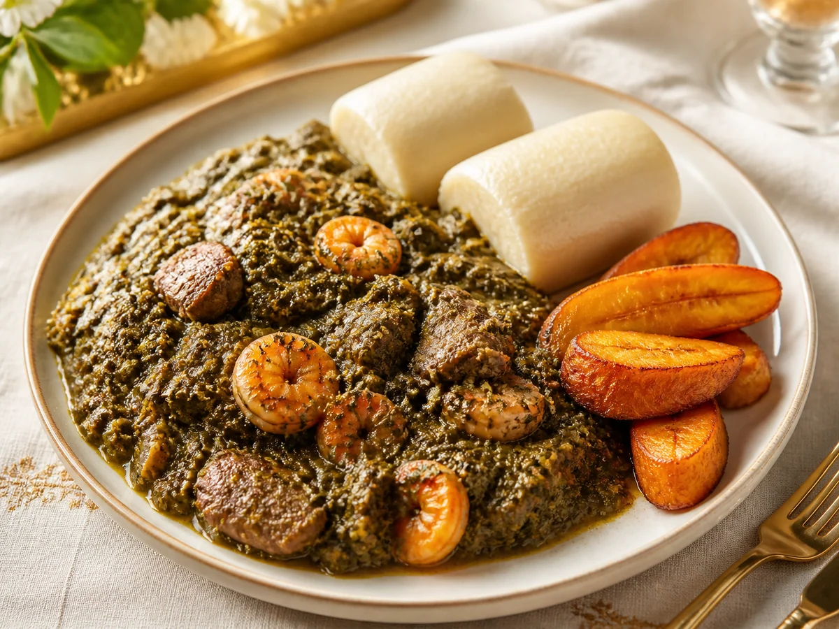 Ndolé camerounais dressé avec plantains dans une assiette élégante