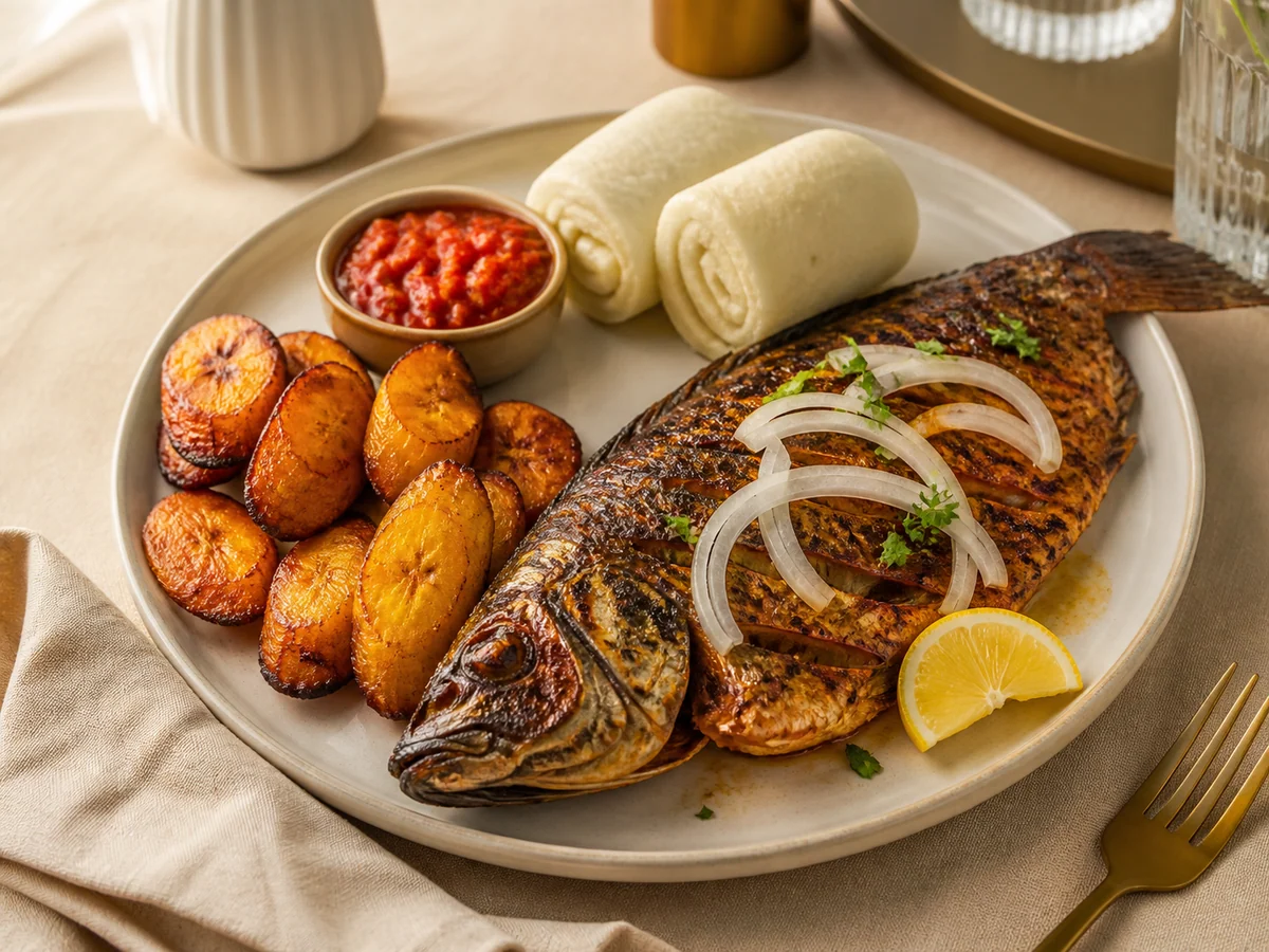 Poisson braisé camerounais servi avec plantains dans une assiette premium