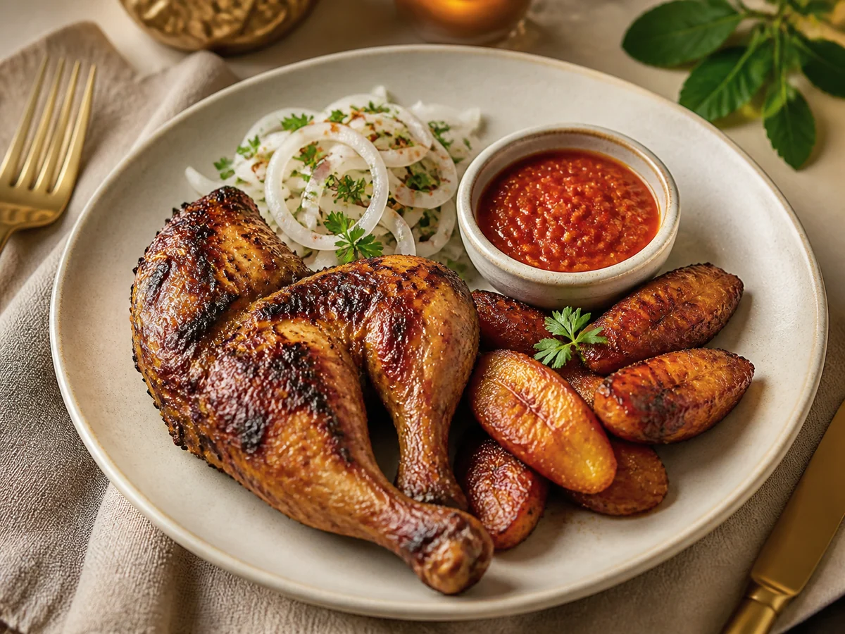 Poulet braisé camerounais avec plantains et sauce rouge