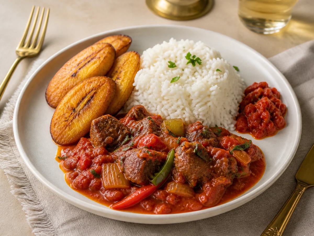 Riz blanc et sauce tomate camerounaise dans une assiette premium